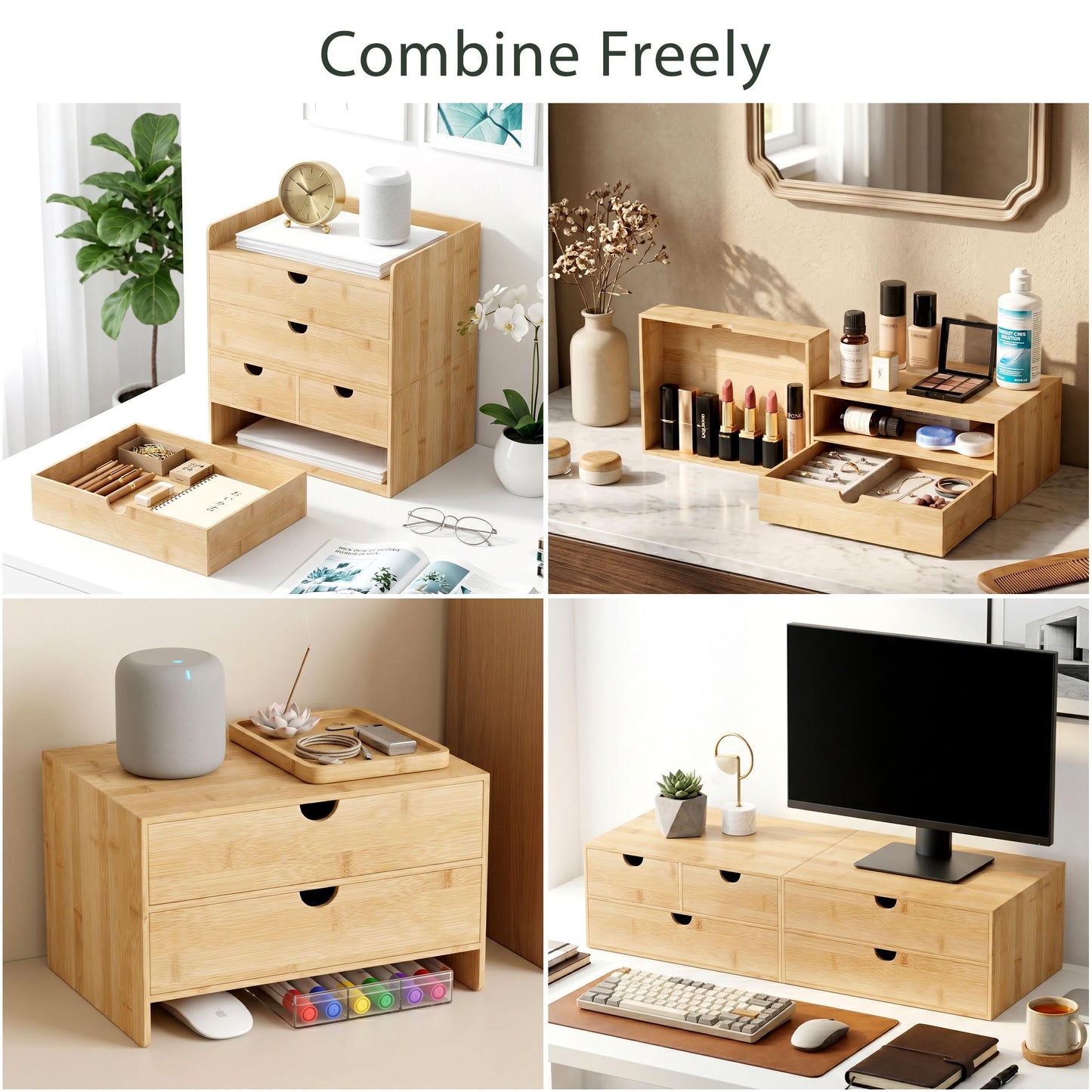Bamboo Desk Organizer with Drawers, Desktop Storage for Office Supplies