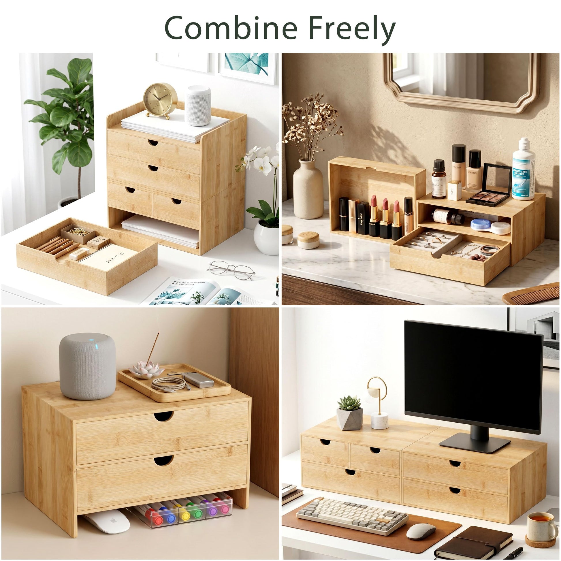 Bamboo Desk Organizer with Drawers, Desktop Storage for Office Supplies