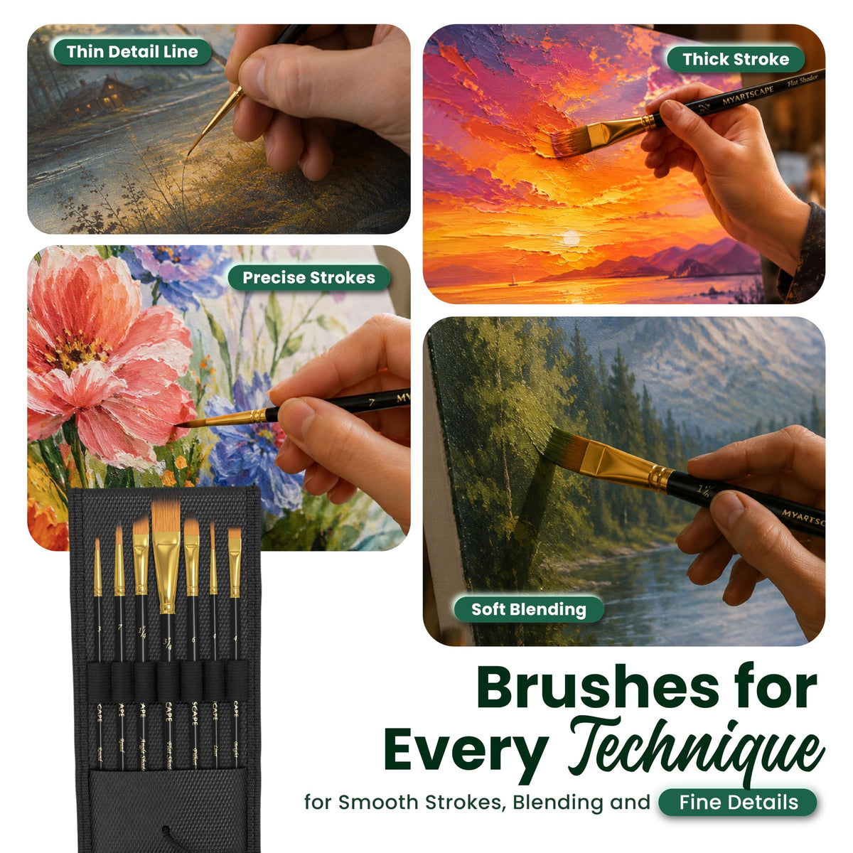 MyArtscape Travel Paint Brush Set - 7 Taklon Brushes with Case