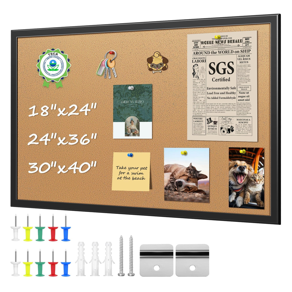 ORIENTOOLS 18x24 Cork Board, Wooden Frame, Hanging Pin for Office School