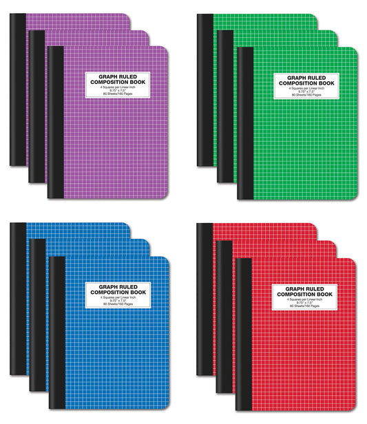 Better Office Products Quad Ruled Composition Book Notebook, 12 Pack, Hardcover 4x4 Graph Ruled