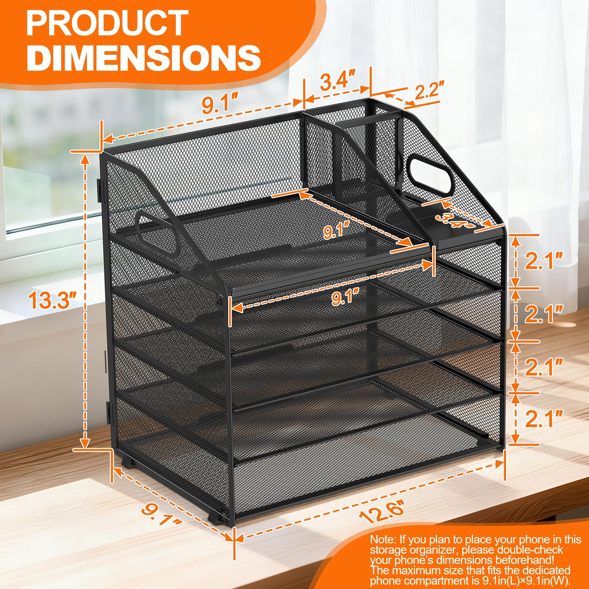 DocNest 5 Tier Metal Mesh Desk File Organizer with Phone Shelf, Black
