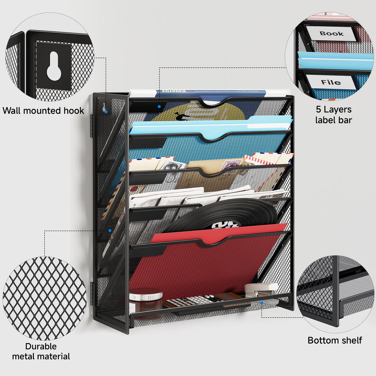 Lavatino 6-Tier Hanging File Organizer, Wall Mount File Holder for Mails Folders Papers Magazine