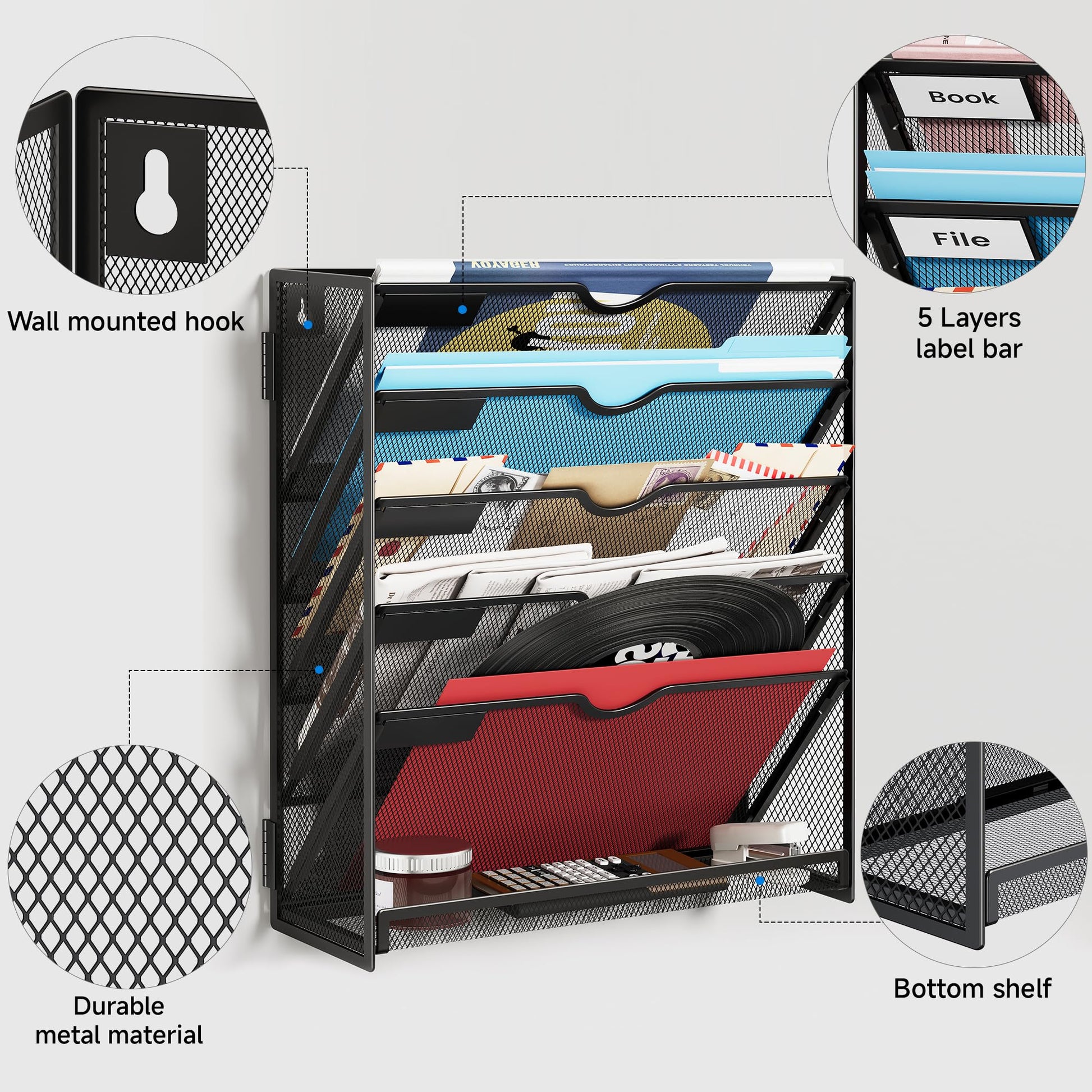 Lavatino 6-Tier Hanging File Organizer, Wall Mount File Holder for Mails Folders Papers Magazine