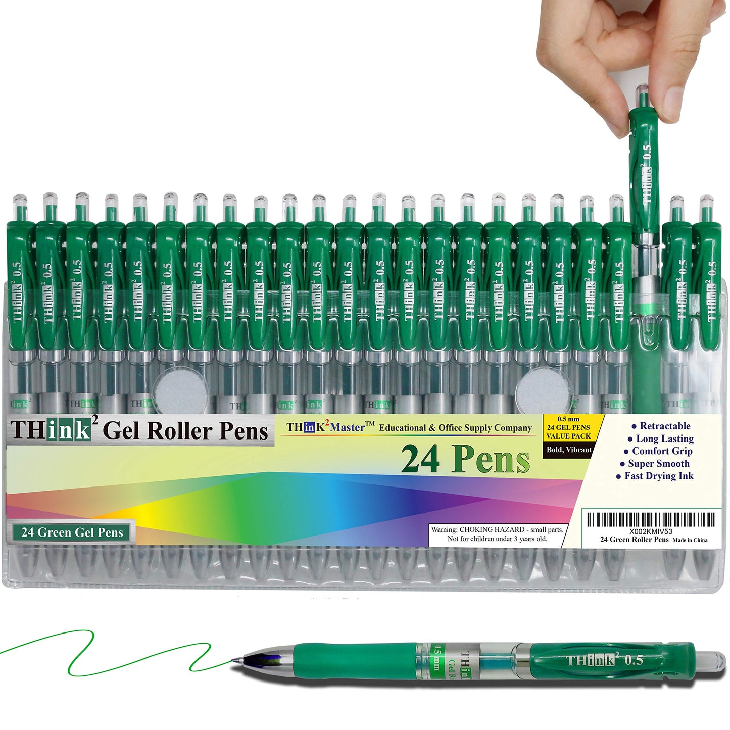 [24 Pens - Green Ink] Think2 Retractable Gel Pens. (24 Green) Fine Point (0.5mm) Rollerball Pens