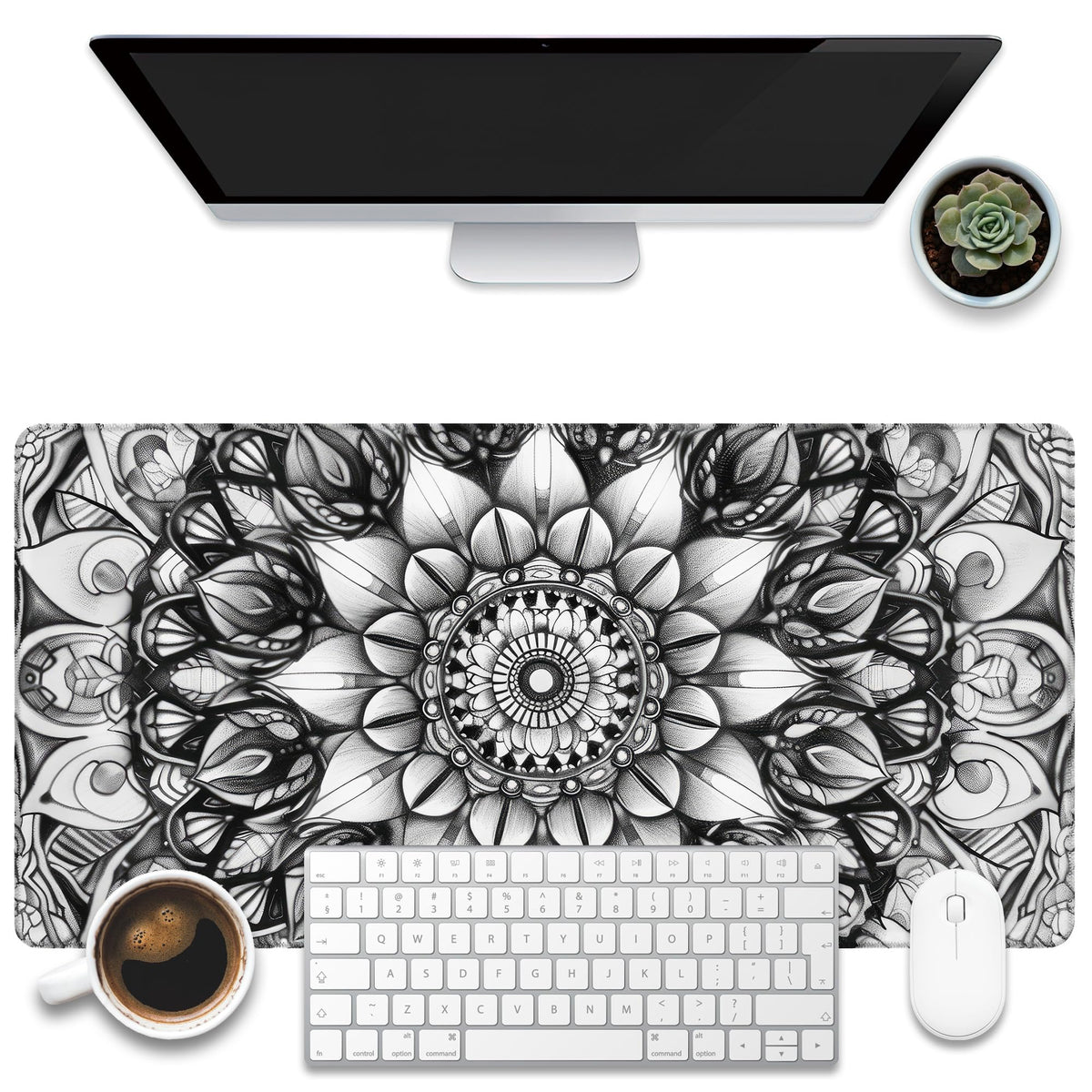 KOAIWPAE Large Gaming Mouse Pad for Desk, Black and White Mandala Desk Mat, Mandala Flower Desk