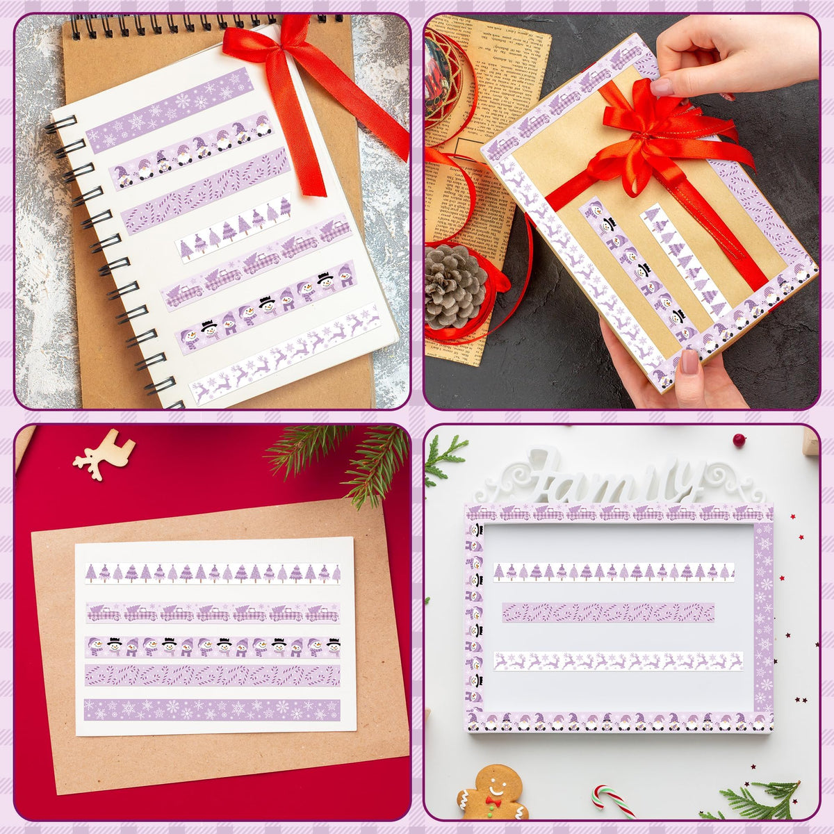 BkeeCten Purple Christmas Washi Tape - 12 Rolls Elegant Santa Reindeer Snowflake Watercolor Double