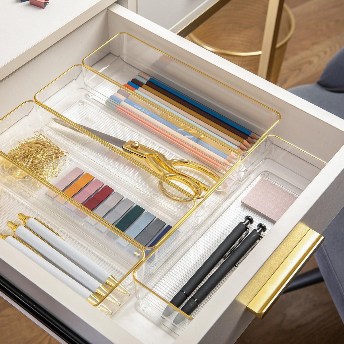 Martha Stewart Kerry Stackable Desk Drawer Organizers, Clear/Gold, 6-Pack