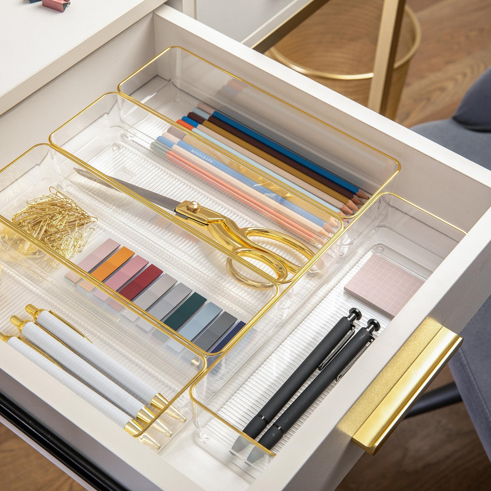 Martha Stewart Kerry Stackable Desk Drawer Organizers, Clear/Gold, 6-Pack
