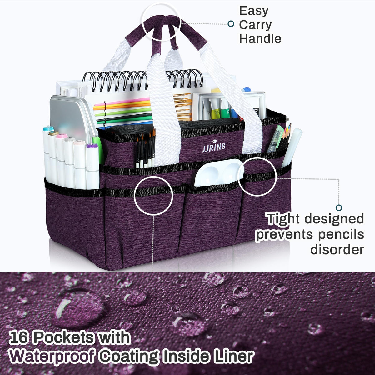 JJRING Craft Organizer Tote Bag Art Storage Caddy Deep Purple