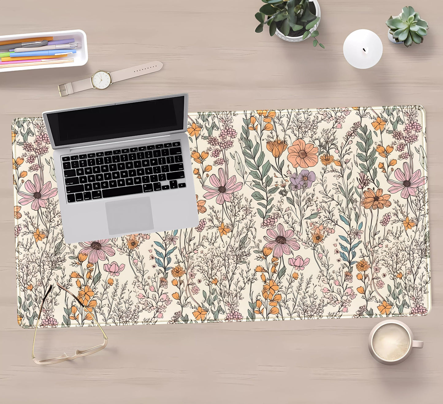 Wild Flowers Gaming Mouse Pad, Floral Cute Keyboard Mouse Mat, Full Desk Protector, Aesthetic Desk