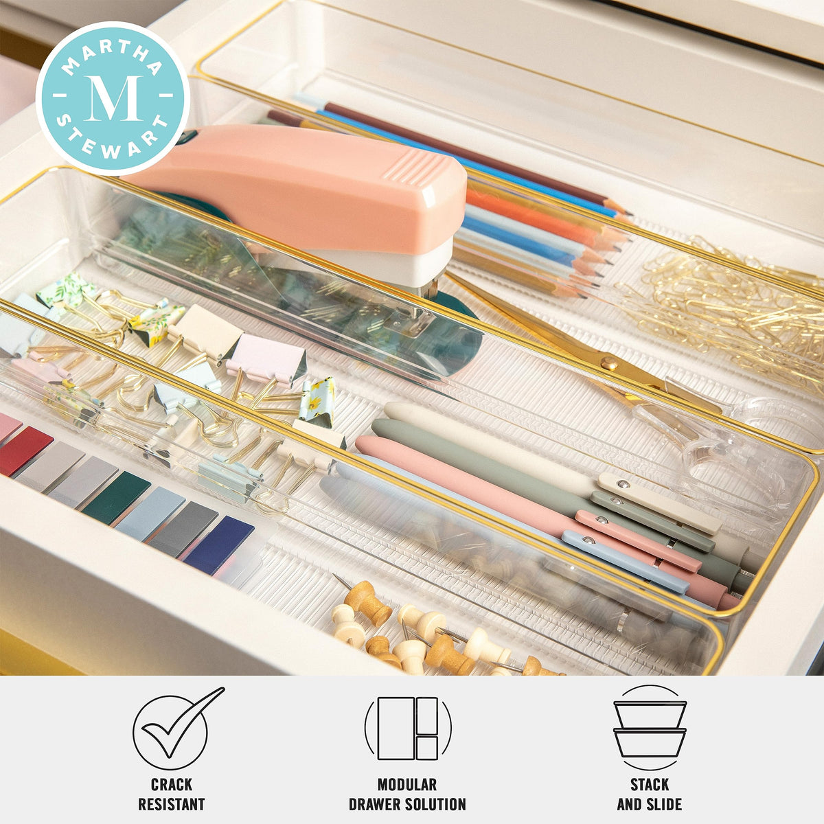 Martha Stewart Kerry Stackable Desk Drawer Organizers, Clear/Gold, 8-Pack