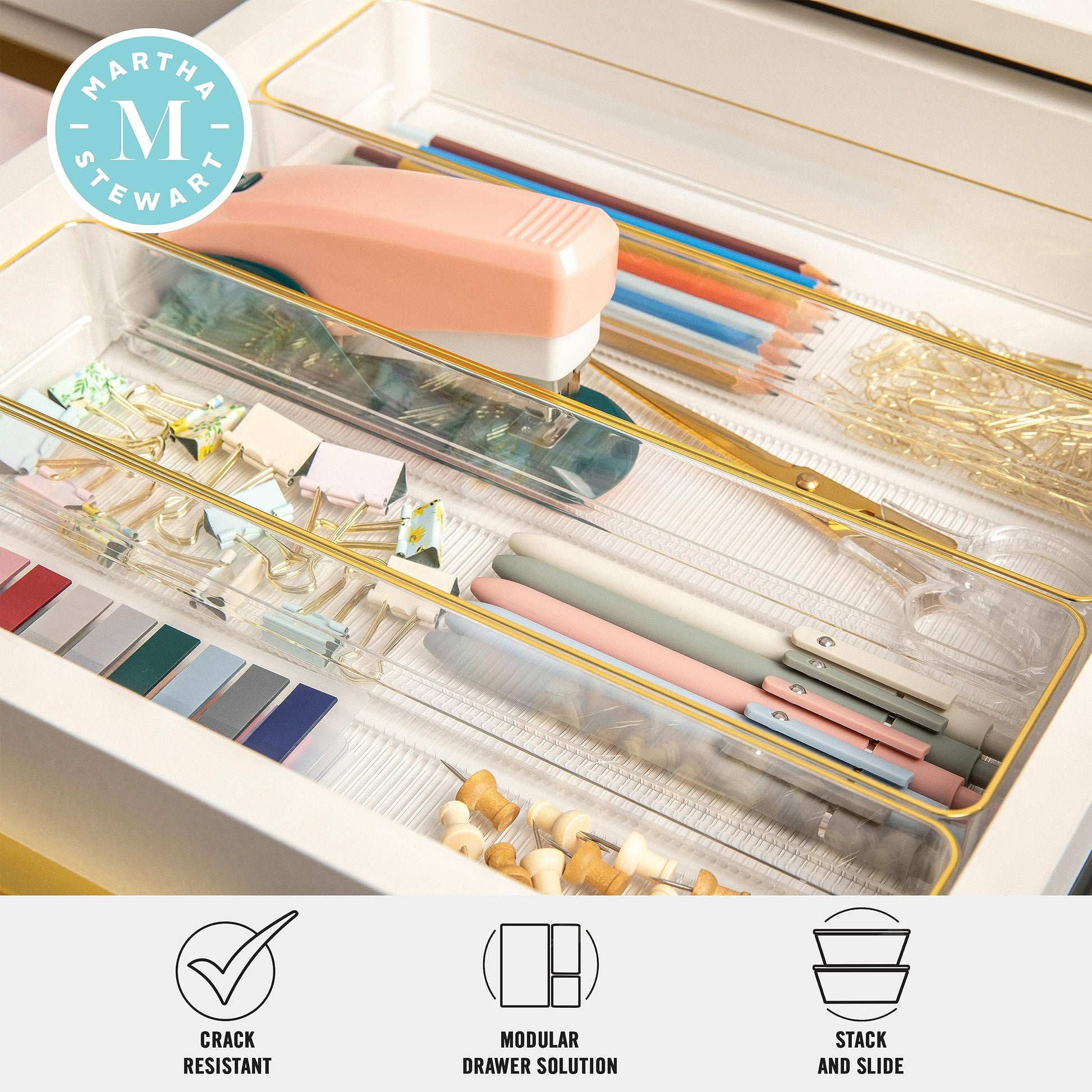 Martha Stewart Kerry Stackable Desk Drawer Organizers, Clear/Gold, 8-Pack