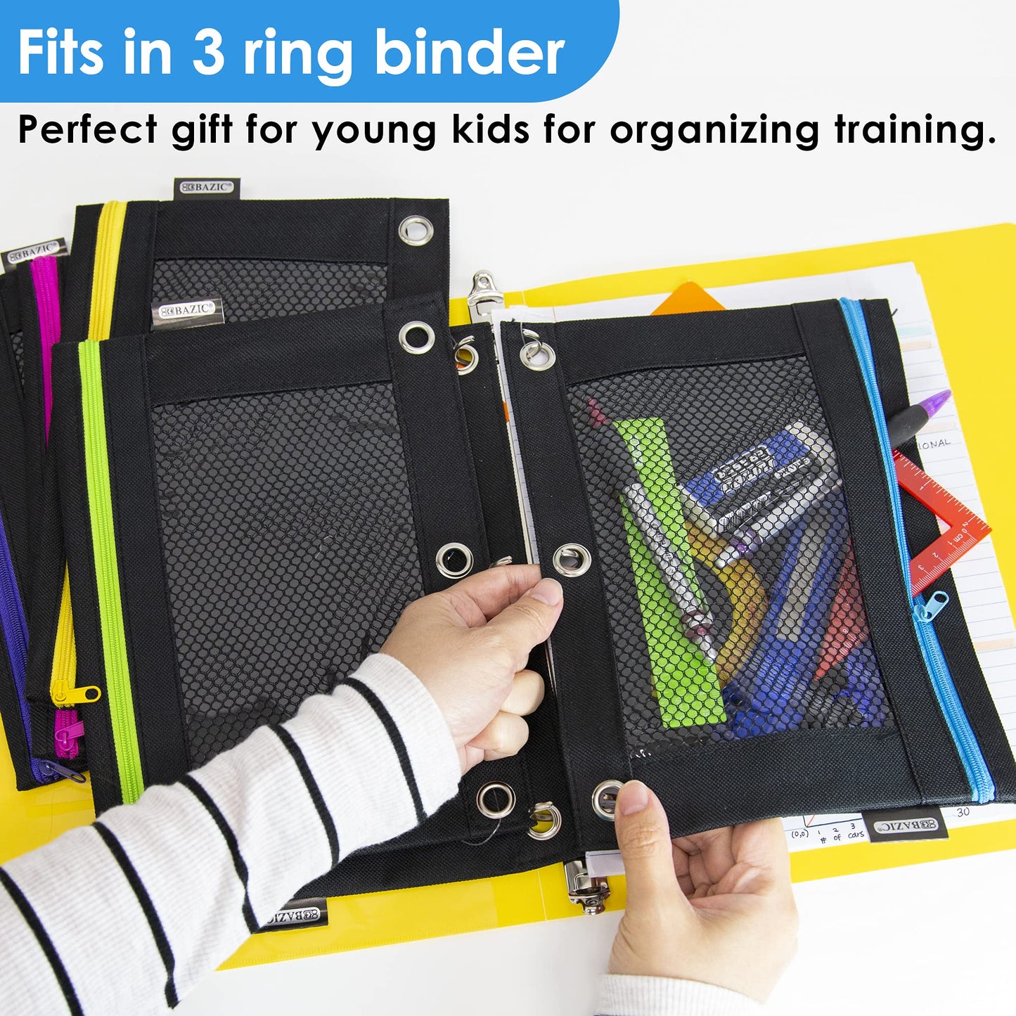 BAZIC Products Noir Neon 3-Ring Pencil Pouch with Mesh Window, 6-Set