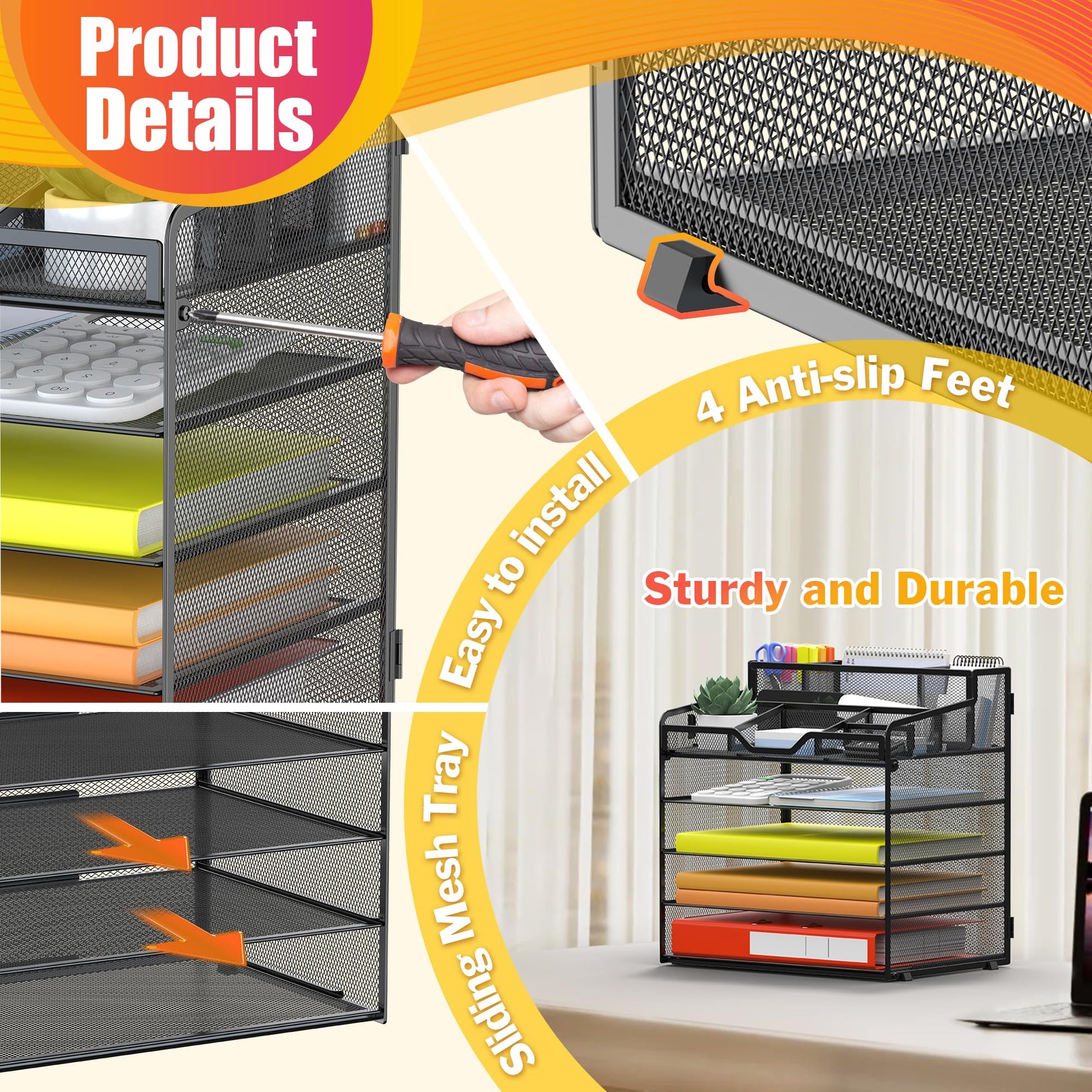 Docnest 5 Tier Mesh Desk Organizer with Letter Tray & Paper Sorter, Black
