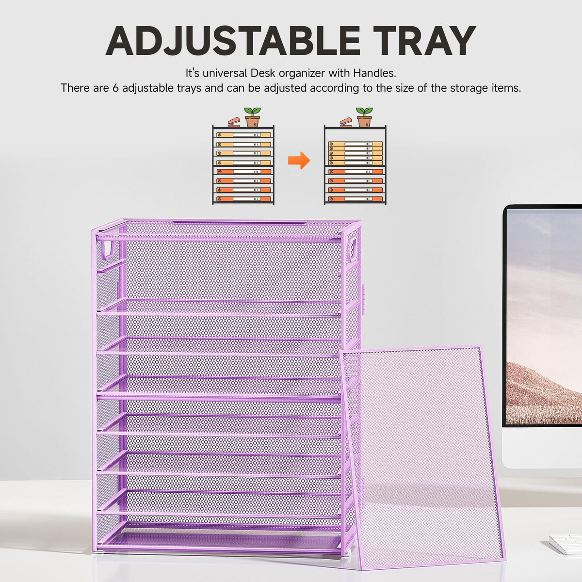 SUBEKYU 9 Tier Paper Letter Tray Desk Organizer with Handles - Purple Metal Mesh File Holder Paper