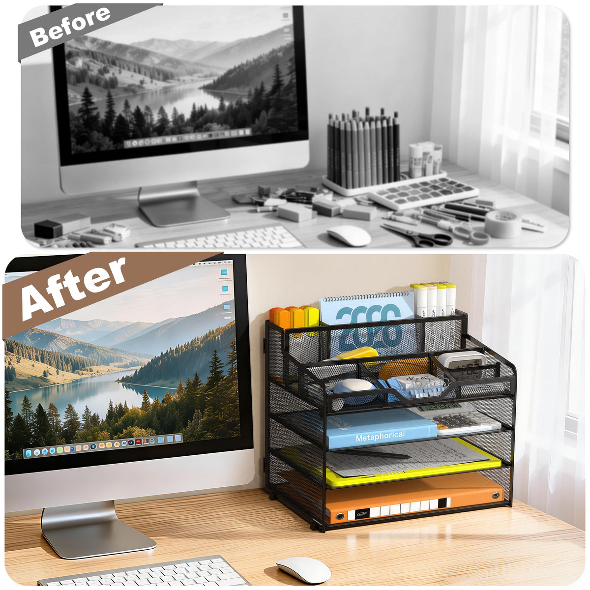 Docnest 4 Tier Mesh Desk Organizer with Letter Tray & Paper Sorter, Black