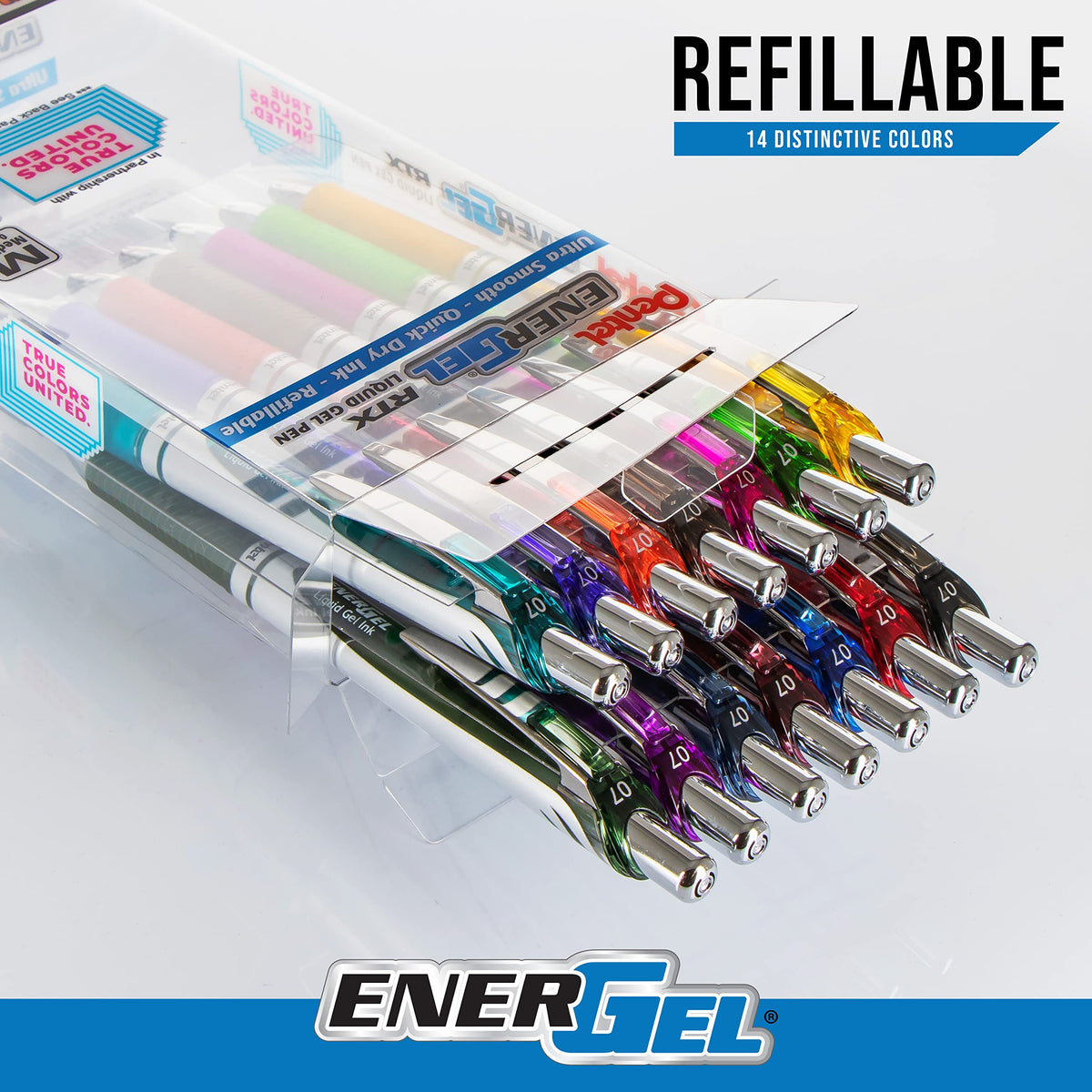 Pentel EnerGel RTX True Colors United 0.7mm, Medium Line, 14 Assorted Ink Colors, Pack of 14 pens