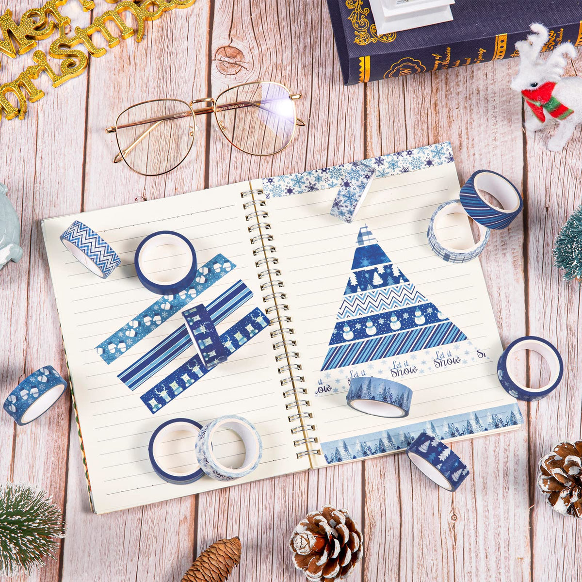 Whaline 12 Rolls Winter Washi Tape Blue White Snowflake Snowman Holiday Masking Tape Xmas Tree