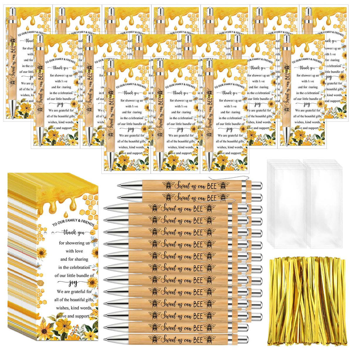 Spakon 50 Sets Bee Baby Shower Favors Bamboo Pens with Thank You Bookmarks