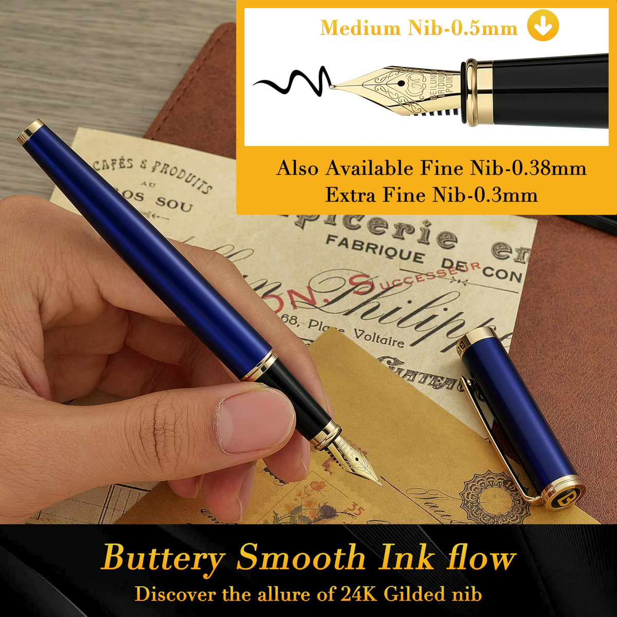 BEILUNER Blue Fountain Pen,Stunning Luxury Pens with 24K Gold Finish, Gorgeous 24K Gilded