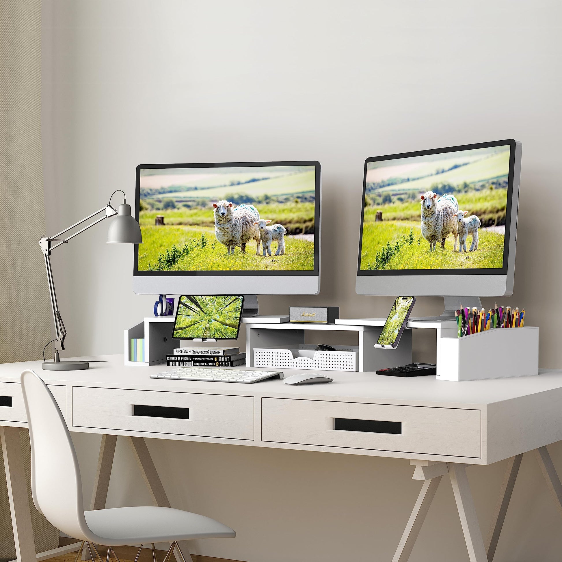 Simple Houseware Desk Dual Monitor Stand Riser with Drawer, White