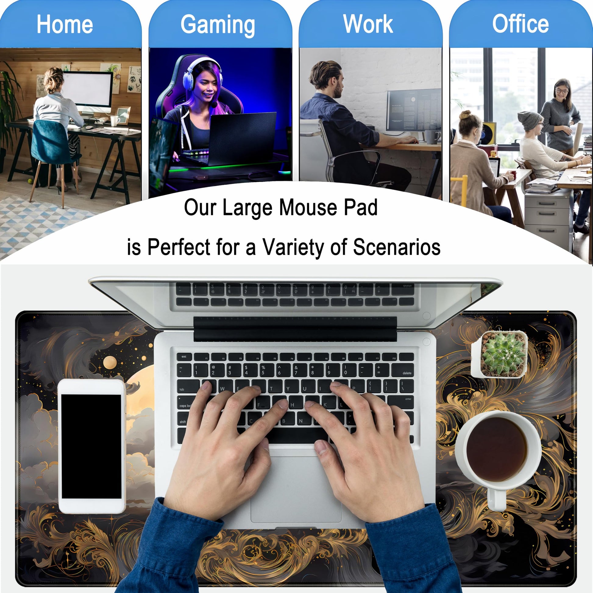 DKPXFG Golden Moon Desk Pad Black Desk Mat XXL Mouse Gaming Pads, Starry Sky Keyboard Pads Extra