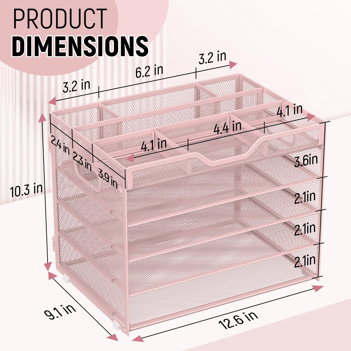 Docnest 5 Tier Mesh Desk Organizer with Removable Tray&Pen Holder, Pink