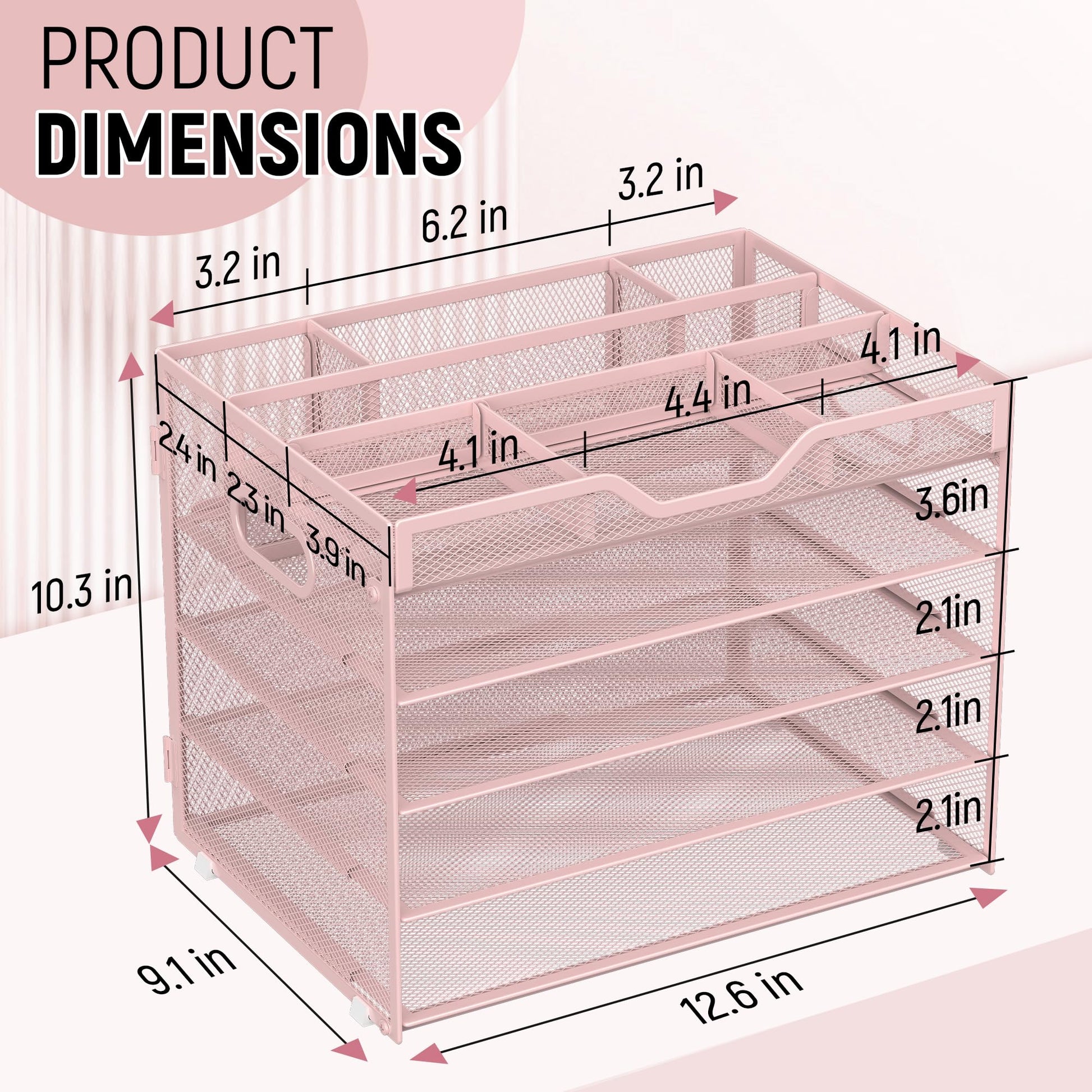 Docnest 5 Tier Mesh Desk Organizer with Removable Tray&Pen Holder, Pink