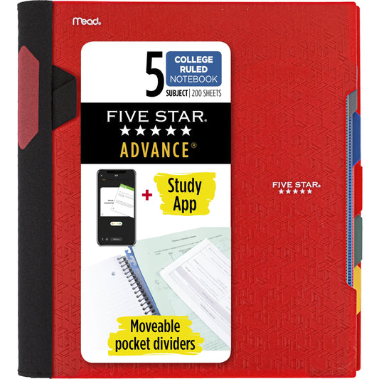 Five Star Advance Spiral Notebook + Study App, 5 Subject, College Ruled Paper, 8-1/2" x 11", 200