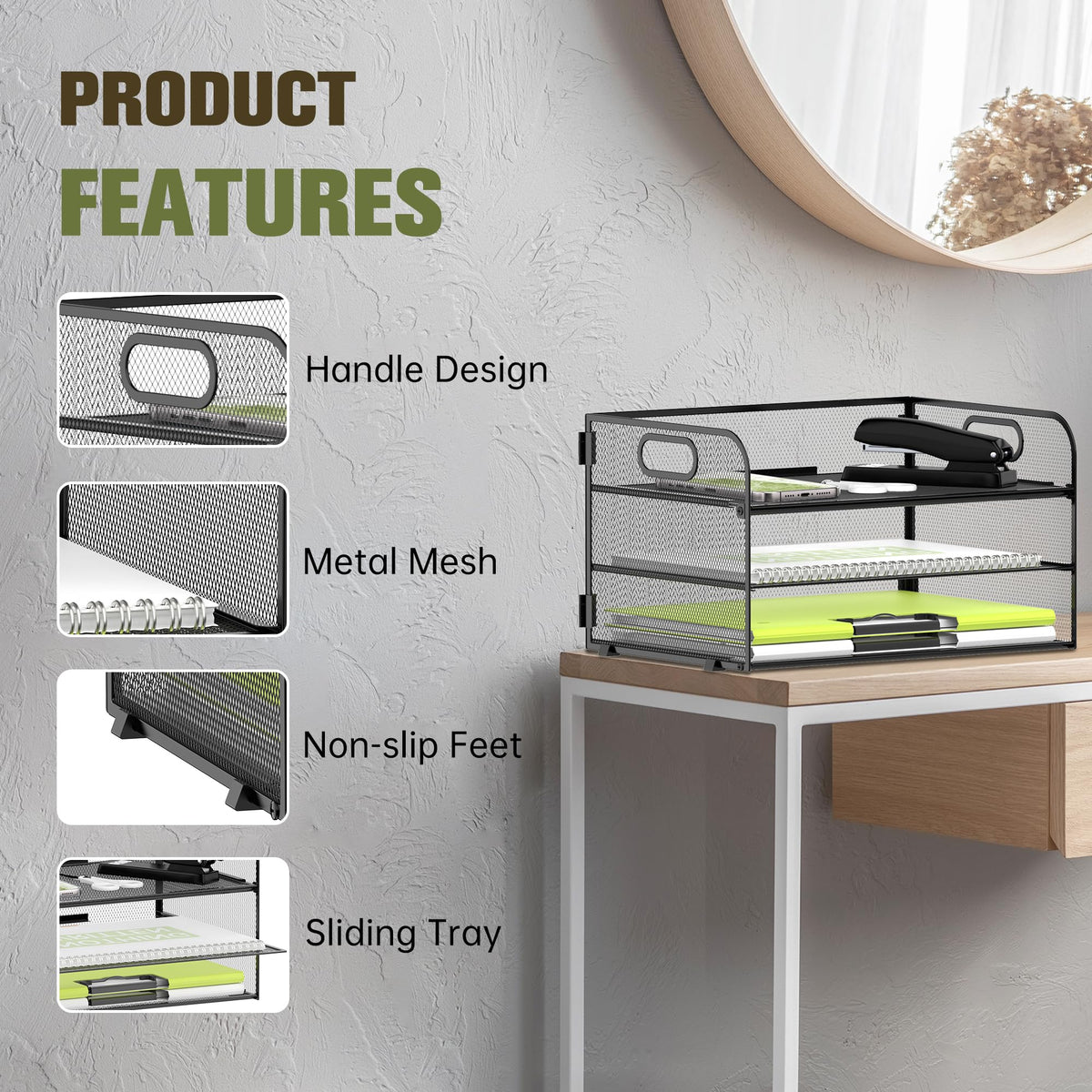 DALTACK 3 Tier Paper Organizer for Desk, Sliding Paper Trays, Black