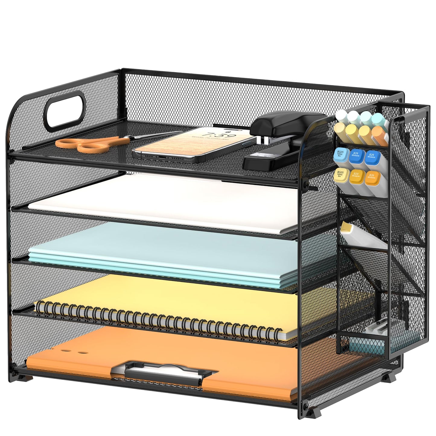 5-Tier Paper Organizer for Desk with Pen Holders, Letter Trays, Black
