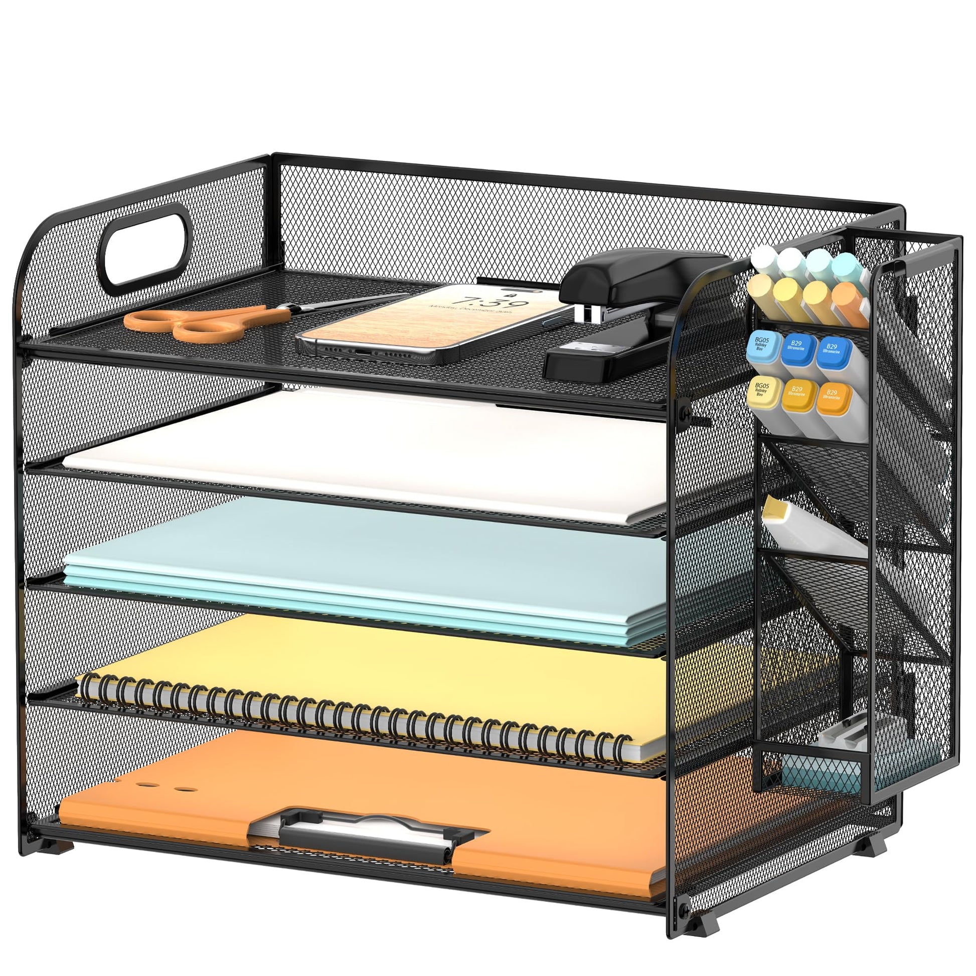 5-Tier Paper Organizer for Desk with Pen Holders, Letter Trays, Black