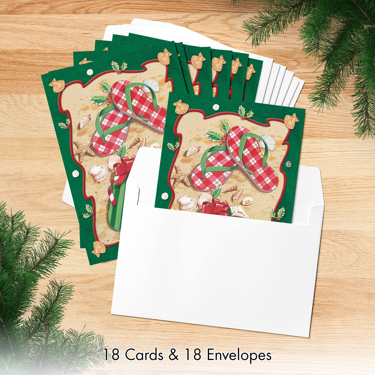 Red Farm Studios Festive Green and Red Flip Flops Box of 18 Warm Weather Christmas Cards