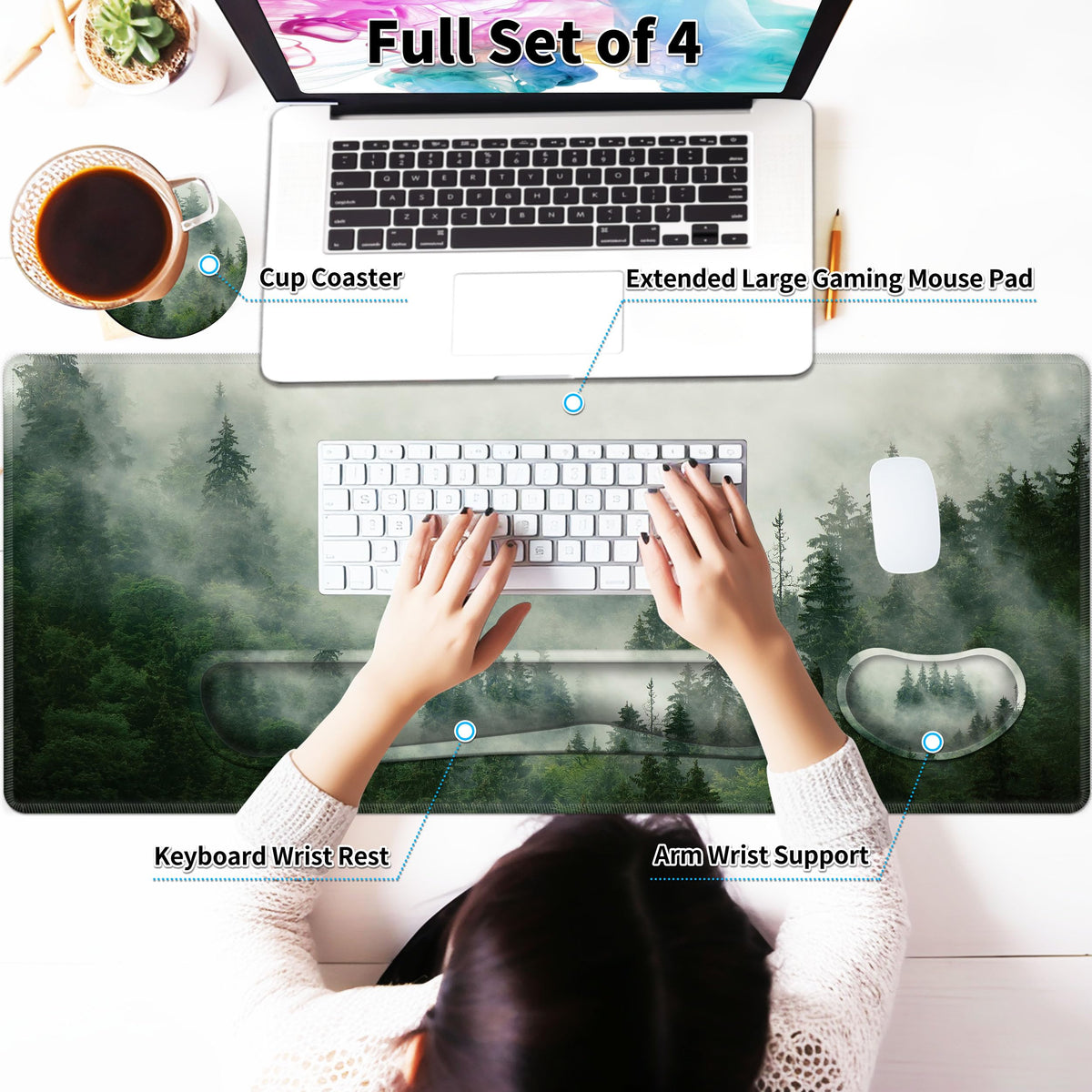 JYCUHTCL Forest Desk Pad Large Gaming Mouse Pad Set 35.4 x 15.7 with Keyboard Wrist Rest, Wrist