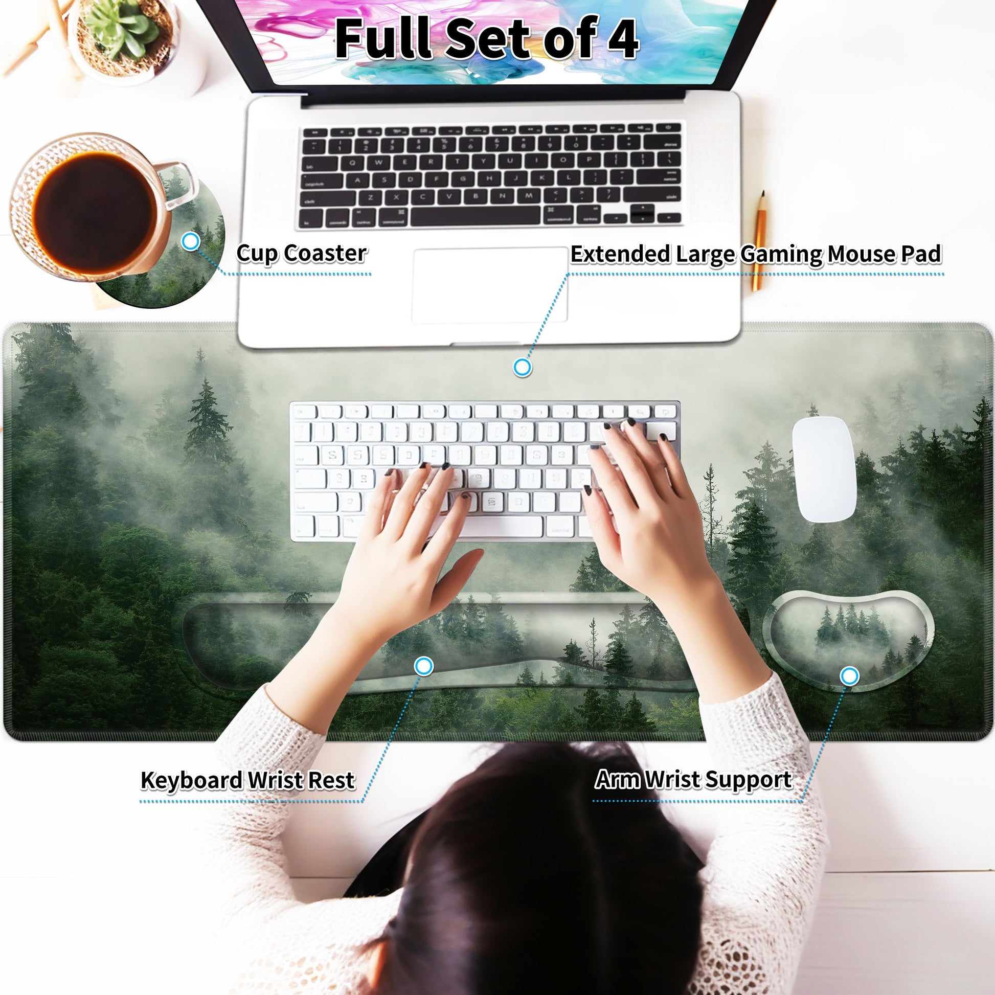 JYCUHTCL Forest Desk Pad Large Gaming Mouse Pad Set 35.4 x 15.7 with Keyboard Wrist Rest, Wrist