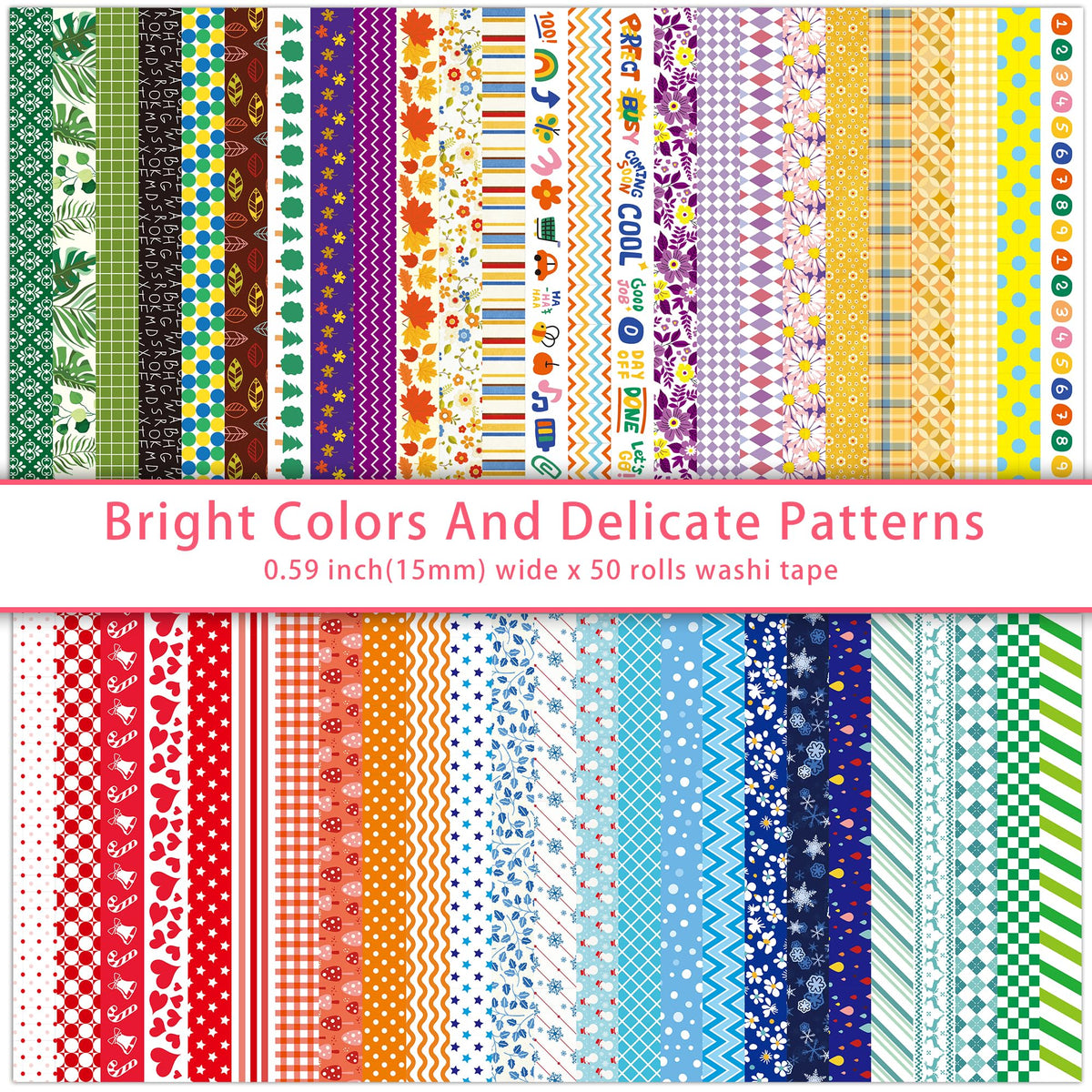 emmoolife 50 Rolls Washi Tape Set, 15mm Wide Rainbow Colored Tape Aesthetic Design Masking
