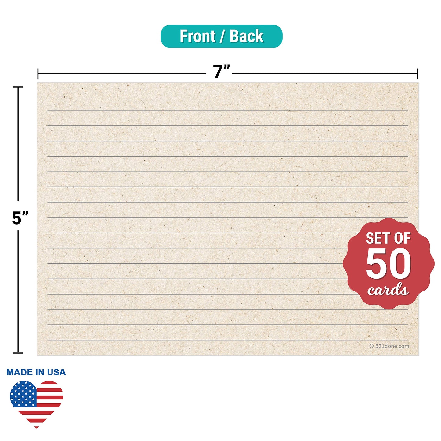 321Done Ruled Index Cards, Large 5x7, Set of 50, Kraft Tan, Double-Sided