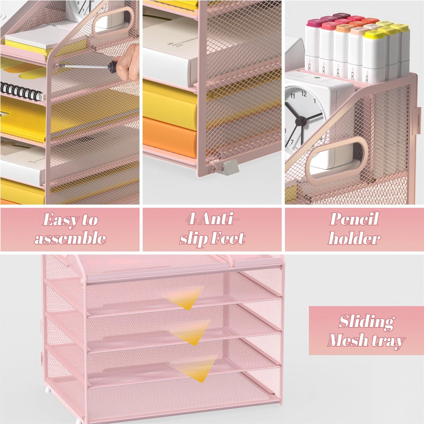 OrgMate 5 Tier Mesh Desk Organizer with Pen Holder and Handle Letter Tray