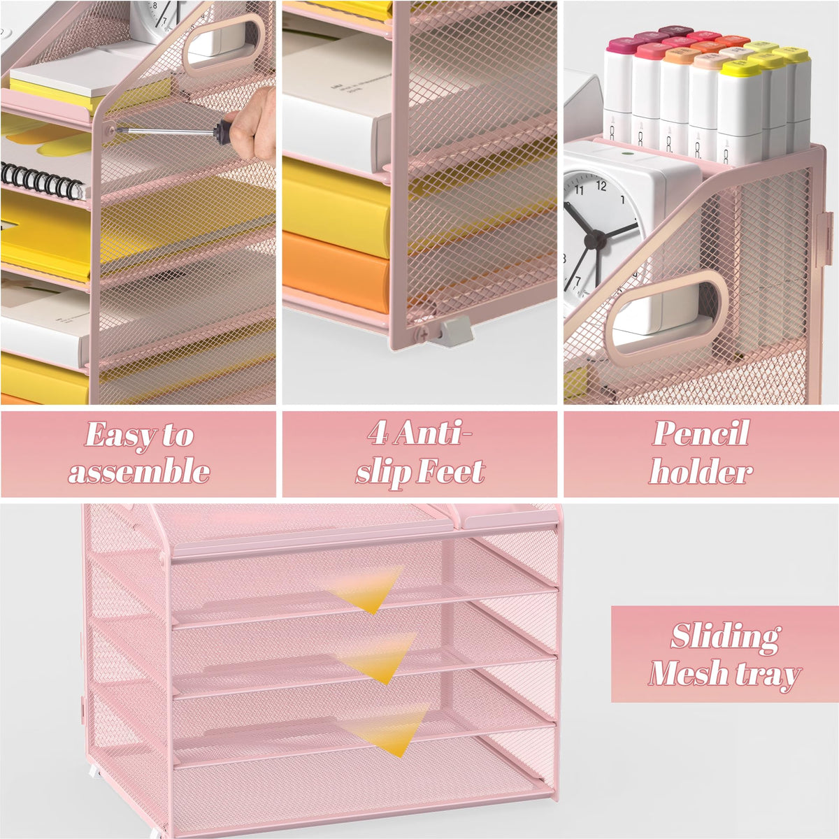 OrgMate 5 Tier Mesh Desk Organizer with Pen Holder and Handle Letter Tray