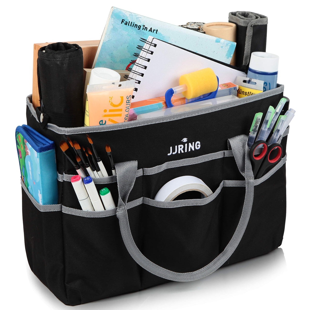 JJRING Large 600D Nylon Artist Organizer Tote Bag With 16 Pockets, Silver