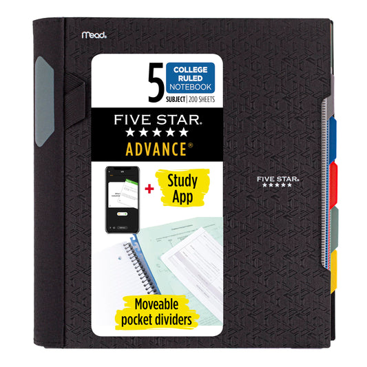 Five Star Advance Spiral Notebook + Study App, 5 Subject, College Ruled Paper, 8-1/2" x 11", 200