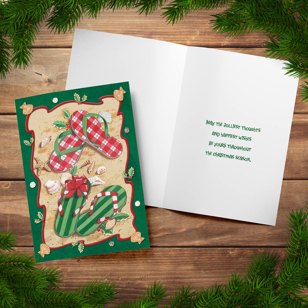 Red Farm Studios Festive Green and Red Flip Flops Box of 18 Warm Weather Christmas Cards