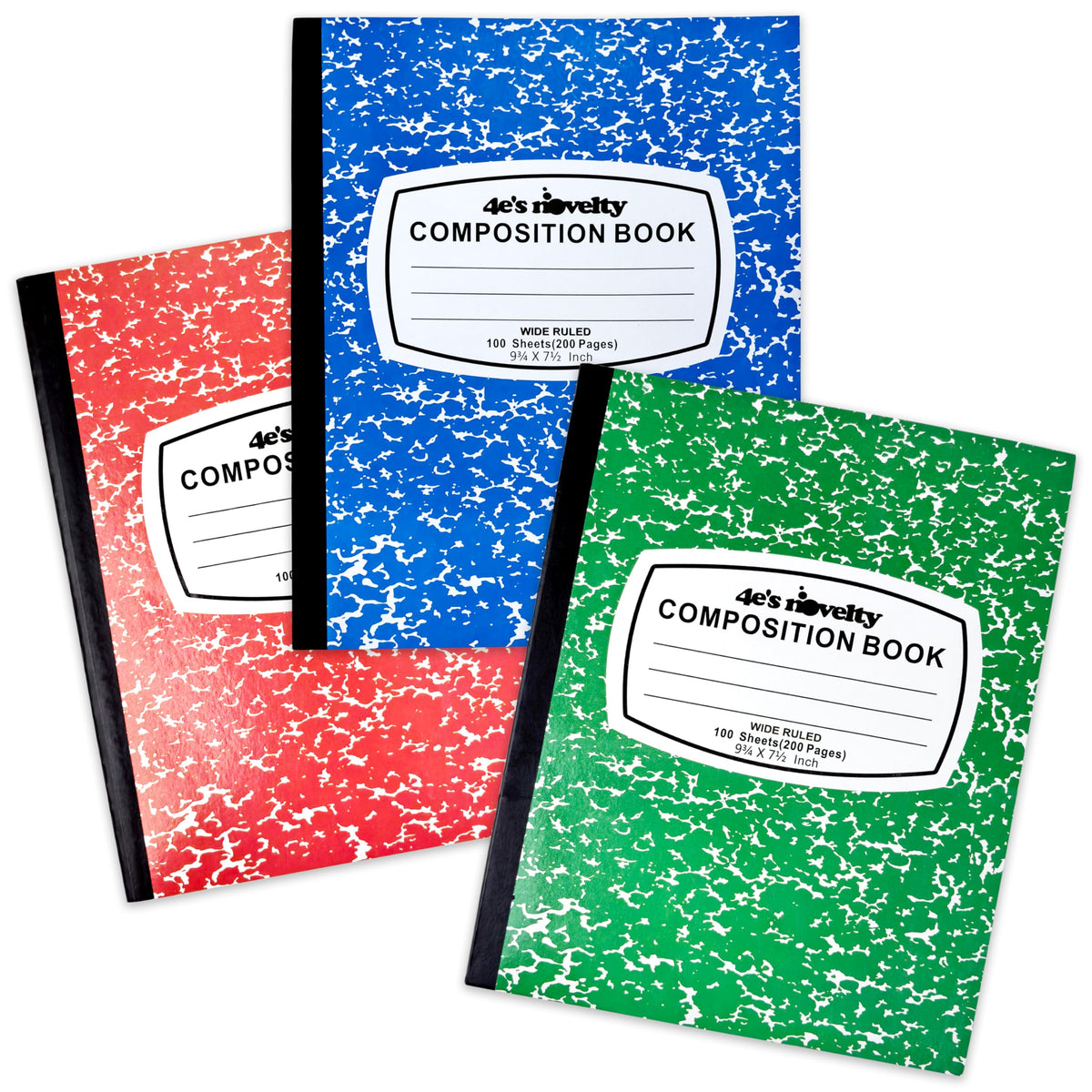 4E's Novelty Wide Ruled Composition Notebooks - Pack of 3-100 Sheets 9.75" x 7.5" - Hard Cover Red