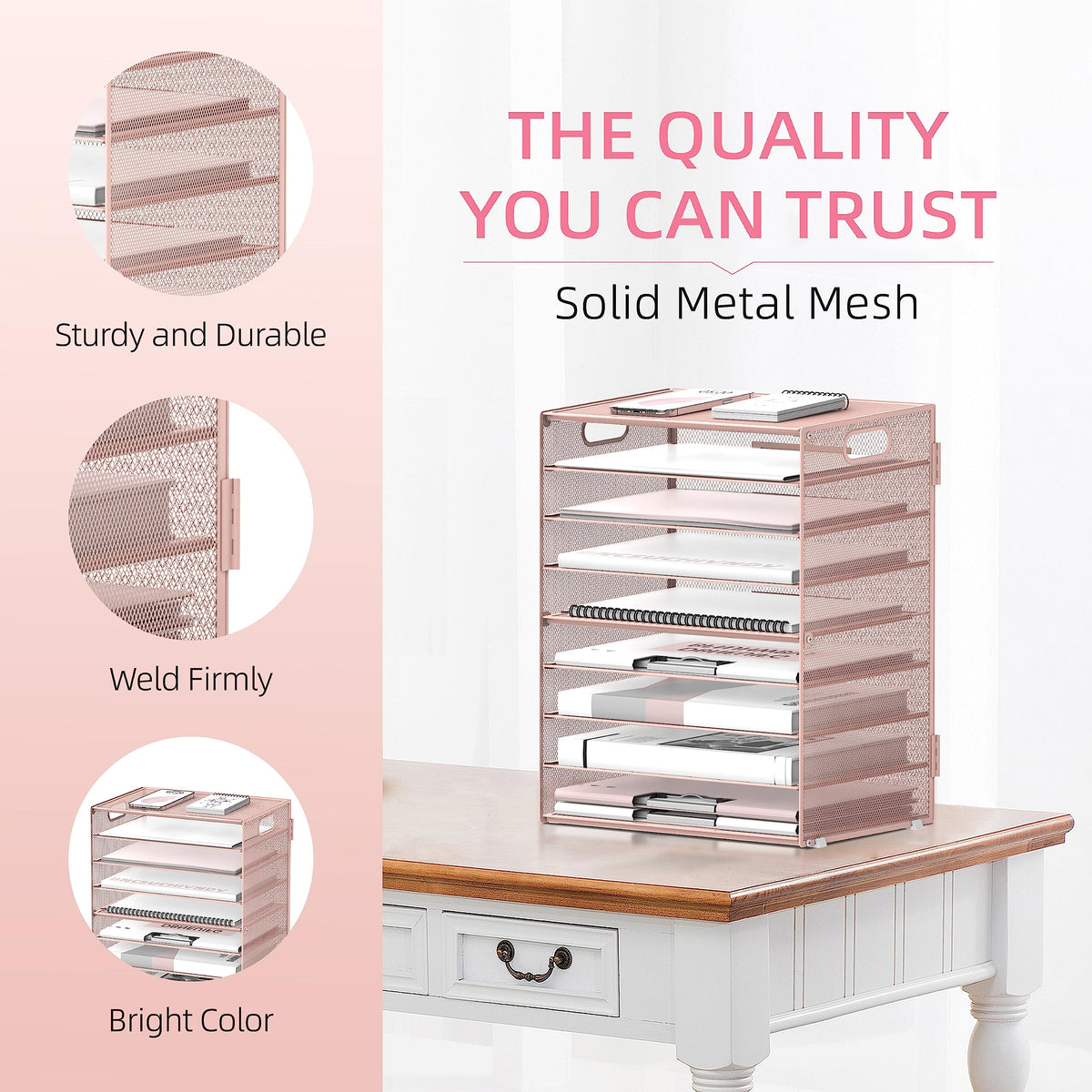 9-Tier Paper Organizer for Desk, Letter Tray with Handles, Pink, 2 Pack