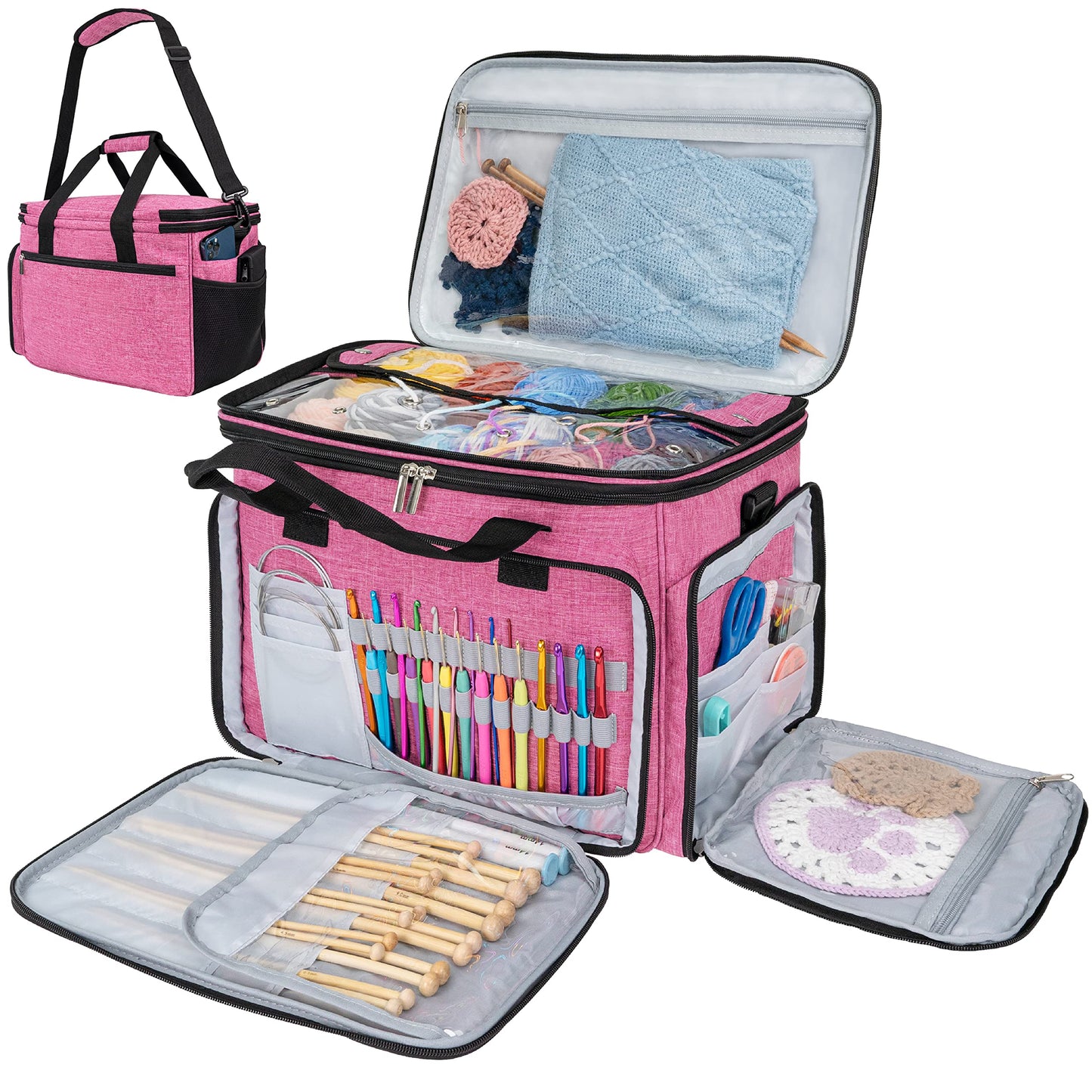 PAVILIA Large Knitting Yarn Storage Bag Crochet Organizer for Knitter, Pink
