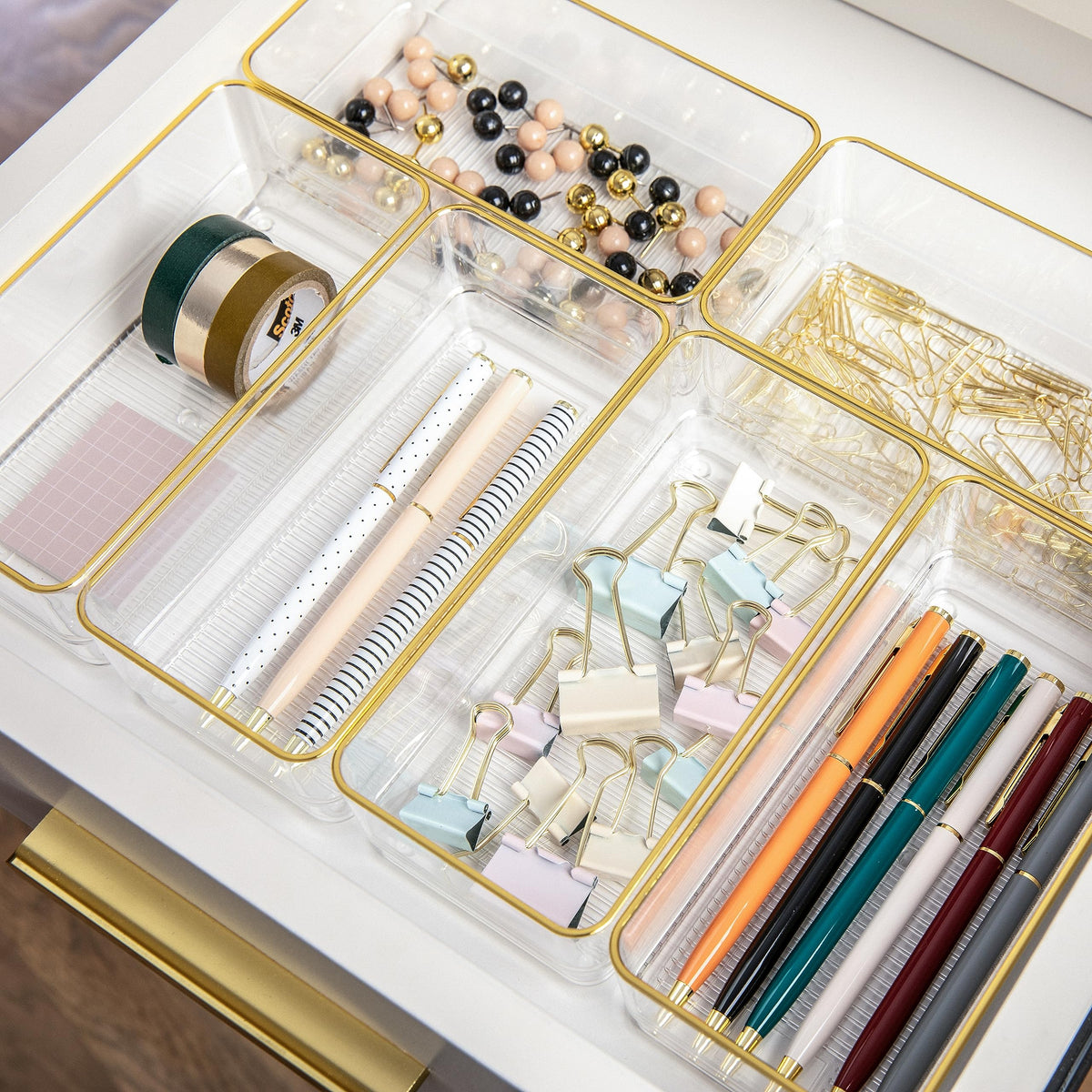 Martha Stewart Kerry Plastic Stackable Office Desk Drawer Organizers, 6" x 3", 6 Pack, with Gold