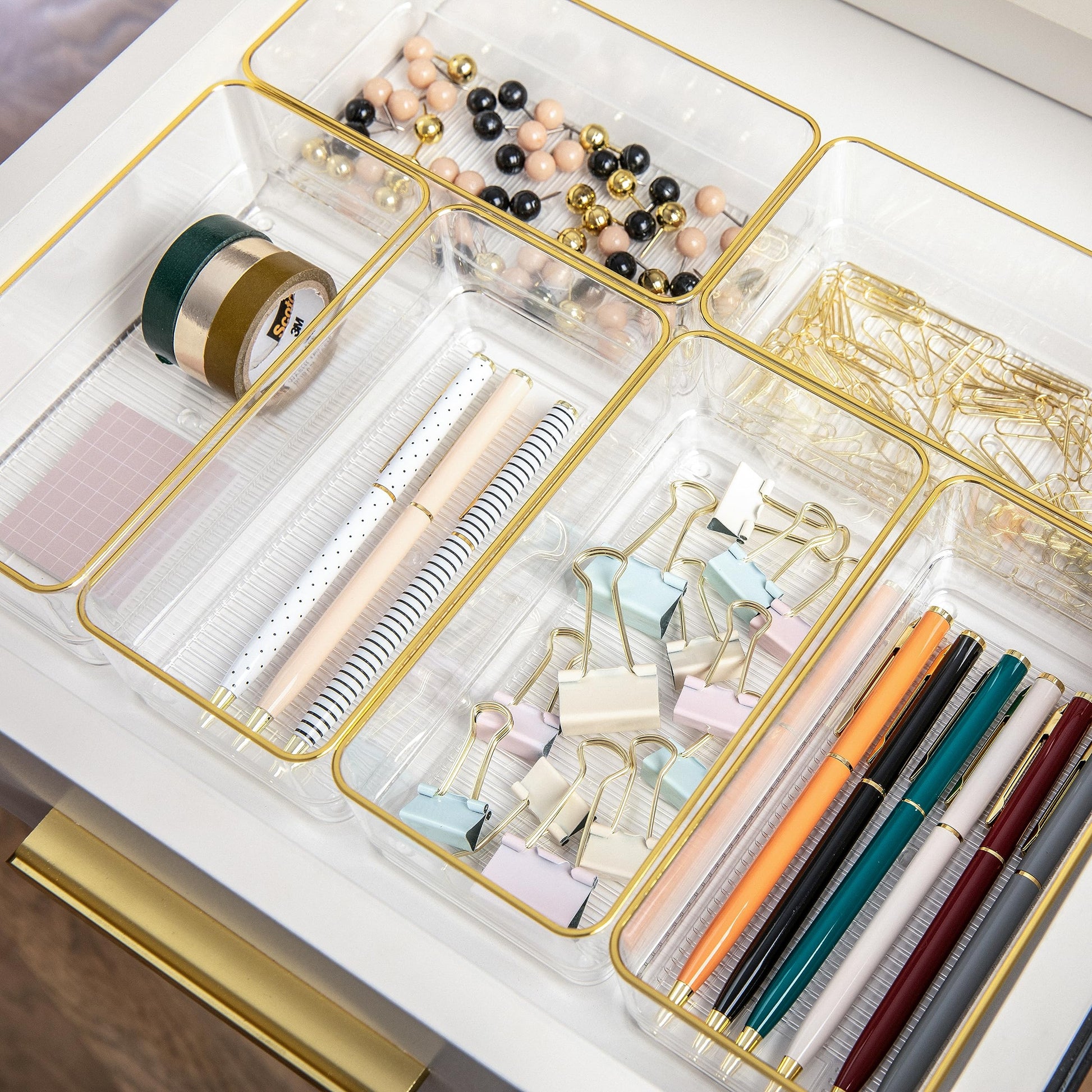 Martha Stewart Kerry Plastic Stackable Office Desk Drawer Organizers, 6" x 3", 6 Pack, with Gold
