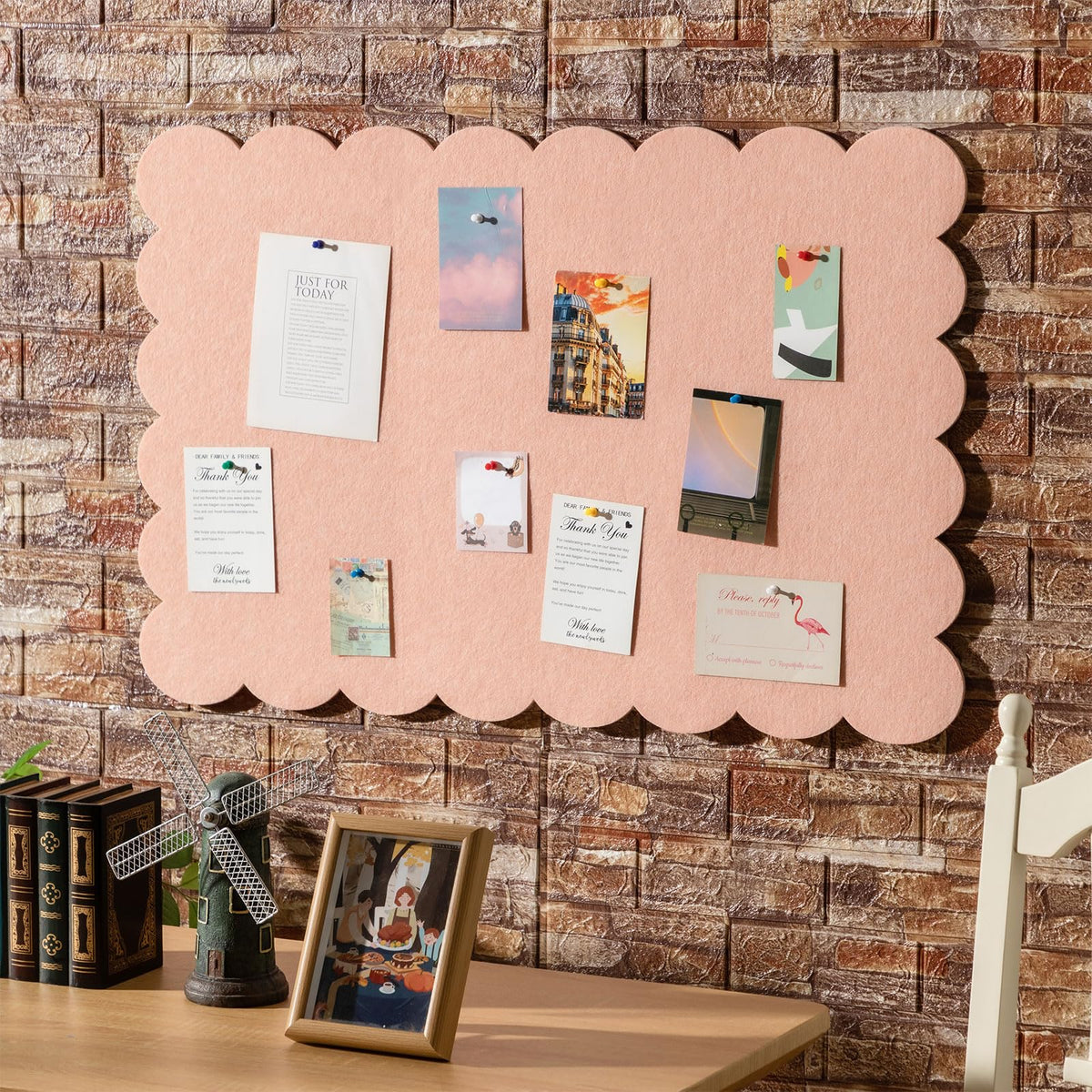 Mooliwe Scalloped Felt Bulletin Cork Board Foldable Light Pink 36 * 24 Inch