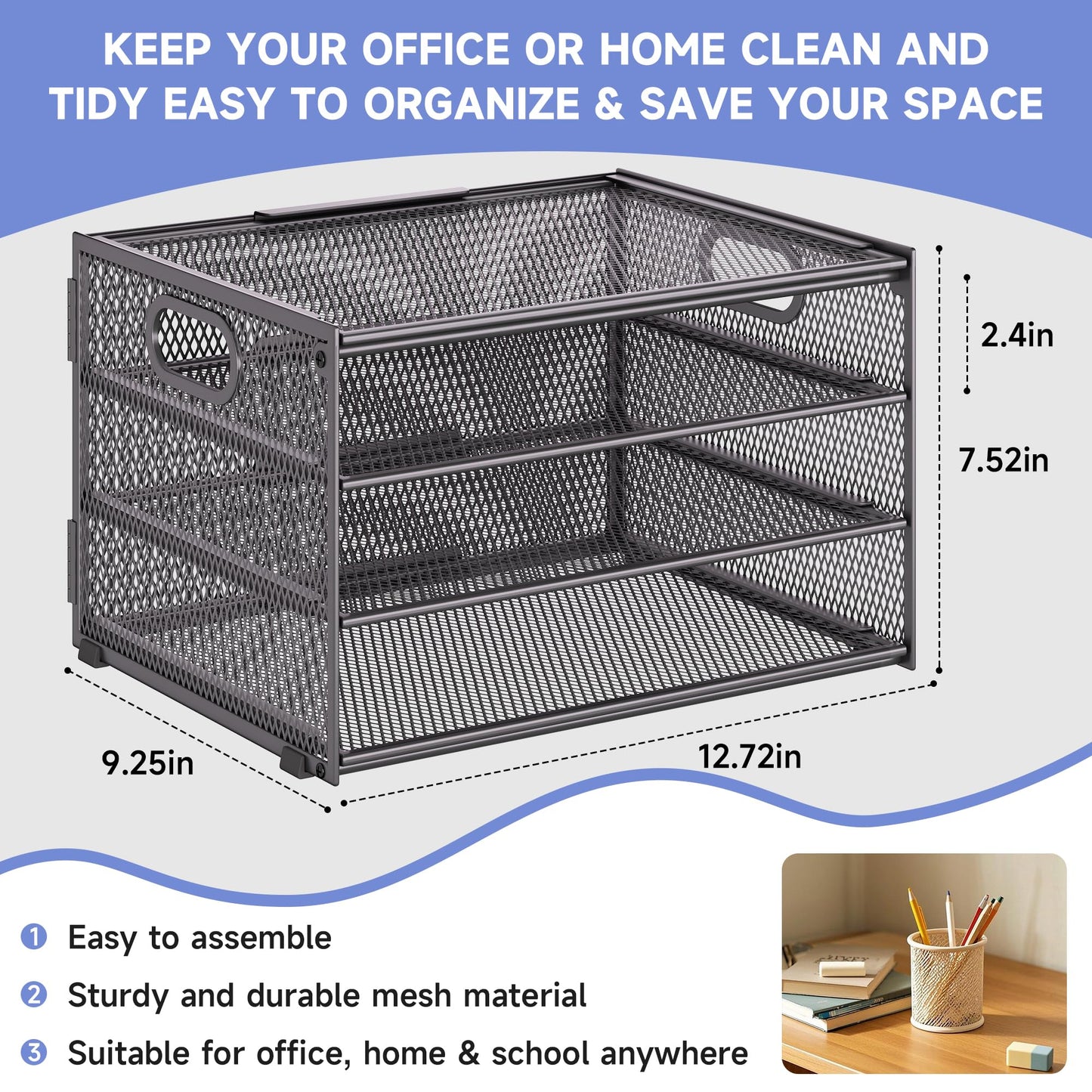 4 Tier Gray Paper Organizer for Desk,Trays for Classroom File Folder